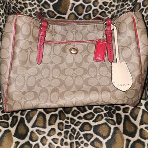 Coach Signature Canvas Bag with Red Accents